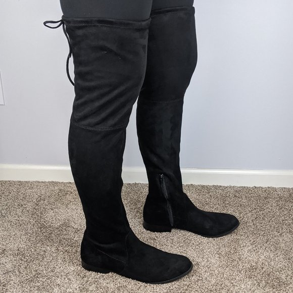 flat tie back thigh high boots